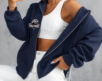 May include: A navy blue zip-up hoodie with a white eagle graphic and the word "FALCONS" in white lettering.