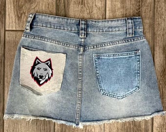 Custom College Apparel, Team or Your Logo Pocket Patch Denim Mini Skirt, Company Text, Game Day, Trendy, Commitment Gift