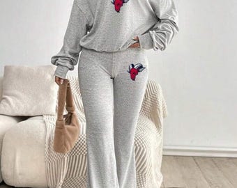 Custom College Apparel Loose off Shoulder and Yoga Pants Lounge Set, Company Text, Team, Game Day, Trendy, Commitment Gift, Senior Gift