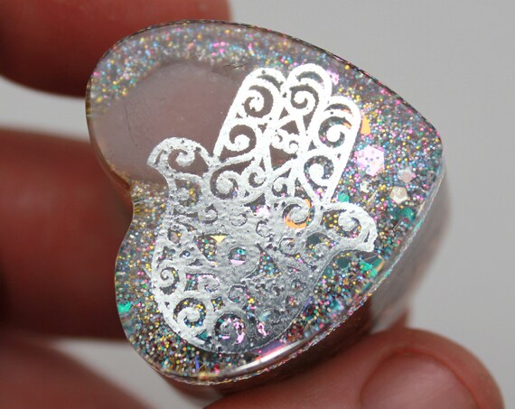 Hamsa Eye of God Protection Orgone Power Heart Pocket Charger - Banded Agate, Quartz, Copper and Diamond Glitter 1.5 inch