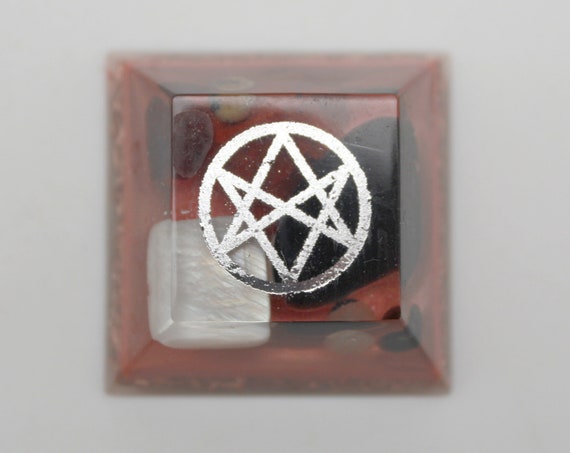 Unicursal Hexagram Magic Totem - Pocket Rocket - Obsidian, Garnet, Mother of Pearl, Red Jasper Background Copper - 1.25 inch