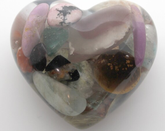 Heart with Beautiful Minerals with thick viewing area - Copper, Quartz, Kyanite, Tiger Eye, Rhodonite, Agate - all Natural 2.25 Inch Orgone
