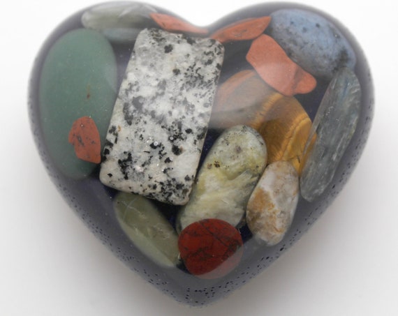 Heart with Beautiful Minerals on Blue Azurite and Opalite - Copper, Quartz, Kyanite, Tiger Eye, Banded Agate, all Natural 2.25 Inch Orgone
