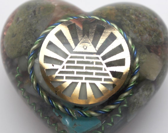 Eye of Providence Illuminati Spiral Money Heart- Copper, Epidote, Peridot, Quartz, Agate, Turquoise- all Natural 2.25 Inch Orgone