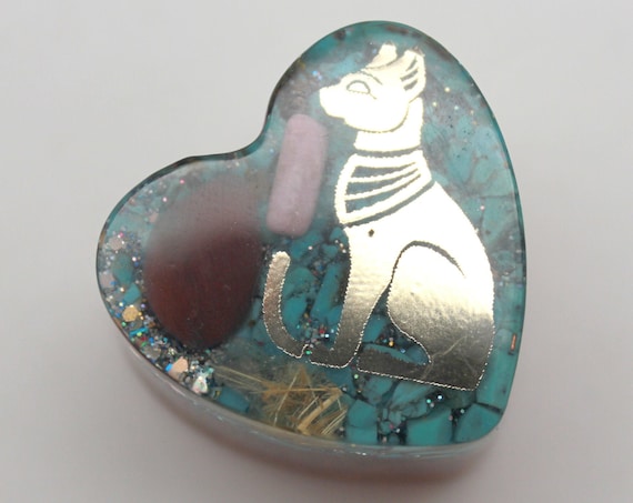 Egyptian Cat - Bastet with a thick layer of Natural Turquoise, Red Jasper, Purple Phosphosiderite and Rutilated Quartz Orgone Heart 1.5 inch