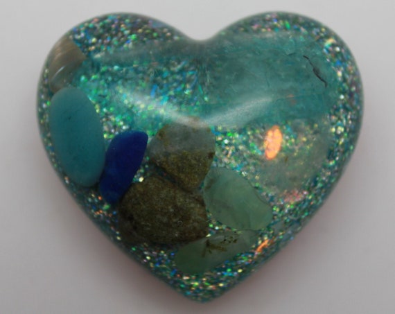 Ocean Spray Resin Heart - LONG aqua aura Quartz crystal with Opalite, Epidote, Lapis, Aquamarine, Seashell and Copper - 2 Inch Altar Piece