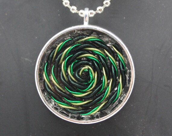 Green, Black and Yellow Spiral - EMF Blocking Necklace - Shredded Steel with tight Handspun Coil Simple Eye Catching Pendant