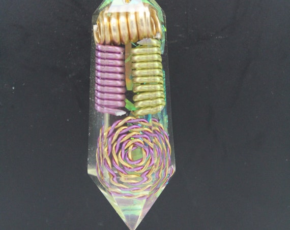 Spring Sprung - Pastel Coils and Spiral sealed inside this Elongated Gem Crystal with Iridescent Foil Back - Double Terminated Shape