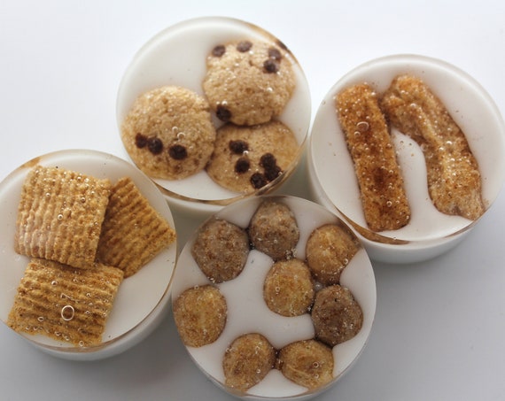 4 Breakfast Cereal Magnets - Made from Real Food - Cookie Crisp, Golden Grams, Reese's' Puffs 1.5 inch rounds Fun with Food in "Milk"