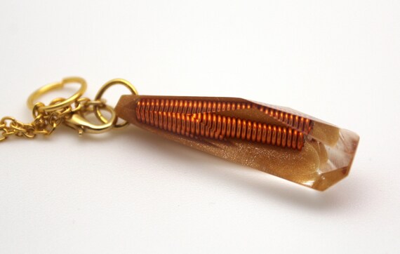 Unique Gem Pendulum for Spiritual divination - Freeform Gem Crystal with Tight Orange Copper Coil and Yellow Mica -