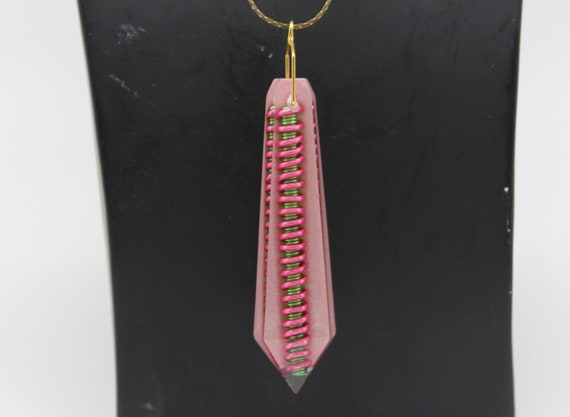 Watermelon Rind - Main Coil of Green, Over-twisted with Pink with a Bed of Pink Mica - Long Flat Top Crystal Gem on Simple Chain