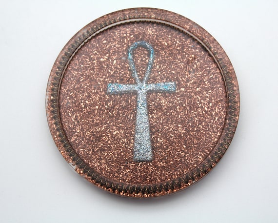 3 inch Coaster Altar Item - Sparkling Ankh with Coils on Recycled Copper - Perfect for Recharging Tumbled Stones! Spoon Rest! Altar Tray!