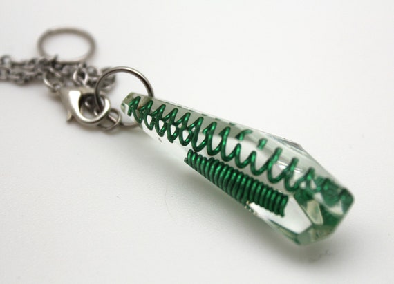 Unique Gem Pendulum for Spiritual divination - Freeform Gem Crystal with Green Coils on silver colored chain