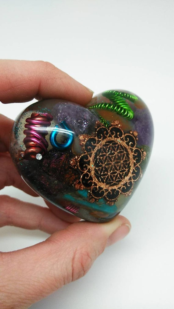 Colorful Spiral Coil Filled Heart - Amethyst, Celestite, Turquoise, Chalcopyrite, Calcite, - all Natural 2.25 Inch Orgone