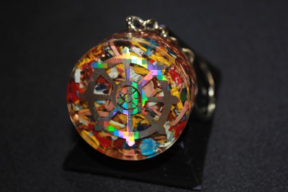 Orgone Keychain - Recycled Copper - Tumbled Quartz with Colorful Acrylic - Buddhist Wheel 1.5 inch Handmade Charm