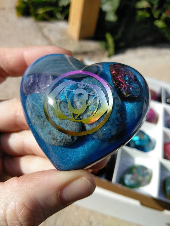 Third Eye Orgone Power - Copper, Quartz, Amethyst, Lapis, Chalcopyrite, Celestite Glossy and Lovely Blue Chakra Heart all Natural 2.25 Inch