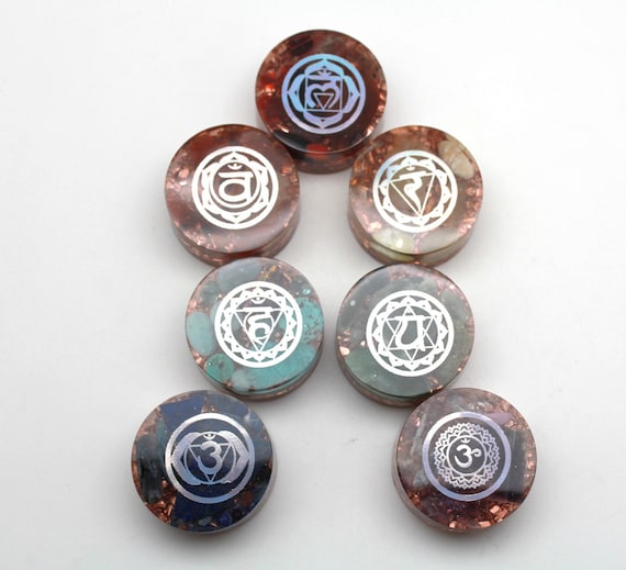 Handcrafted Chakra Orgone Collector Disk Set - Natural Minerals and Recycled Copper - 7 Color Rainbow Crystal Set for Energy Working