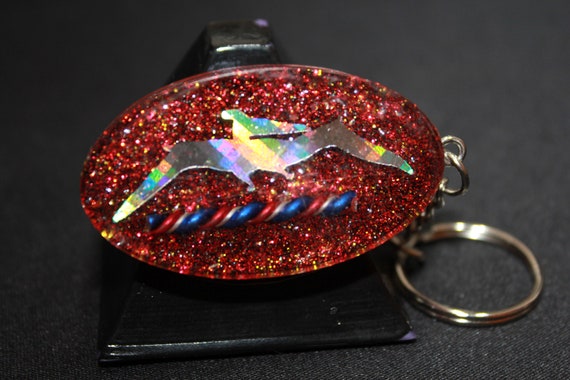 EMF Blocker Keychain Pocket Electrical Blocker 2 inch pterodactyl with red mica and patriotic wire shredded steel - American Lizard Bird