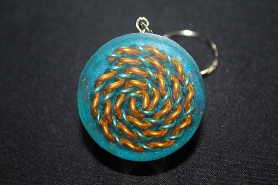 Spectrum Harmonizing Keychain - Spiral of Blue and Yellow with Blue Mica and Tumbled Quartz 1.5 inch Handmade Charm