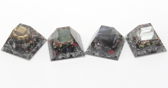 Four EMF Blocker Set - Glass, Iron, Magnet, Mirror - Four 1.3 inch Flat Top Pyramids Full of Fun Natural Electric Insulators Gift Item
