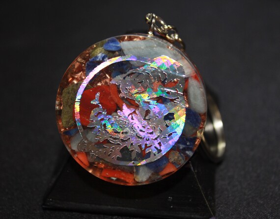 Orgone Keychain - Recycled Copper - Celestite, Lapis, Sodalite, Epidote, Red Coral - Cat in Tree Foil 1.5 inch Handmade Charm