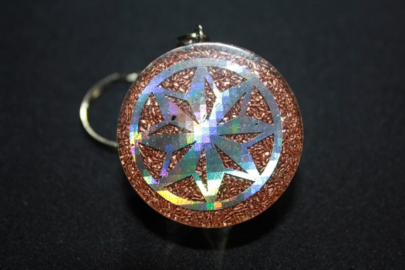 Orgone Keychain - Recycled Copper - Tumbled Quartz with Epidote and Top Notch Agate - Octogram 8 pointed Star 1.5 inch Handmade Charm