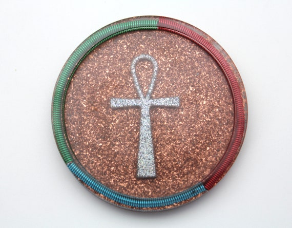3 inch Coaster Altar Tri-Wire Sparkling Ankh with Coils on Recycled Copper - Perfect for Recharging Tumbled Stones! Spoon Rest! Altar Tray!