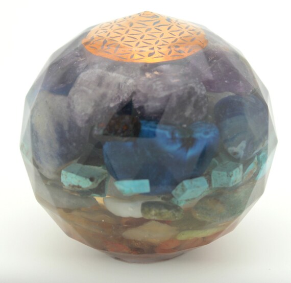 3" 7 Layer Chakra Orb Flower of Life Sacred Geometry Mineral and Gem Filled NO Metal - All Stone Made in America Turquoise, Coral, Amethyst