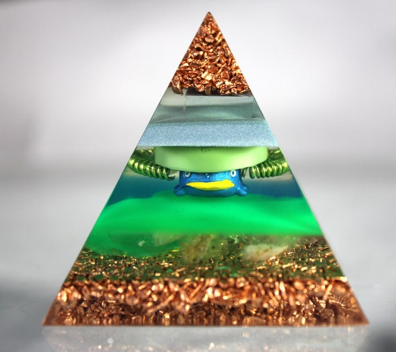 Lotad Pyramid Pokemon Landscape Resin Orgone Desktop Display Green UV Quartz Coils Mirror Glow Grass Pokemon