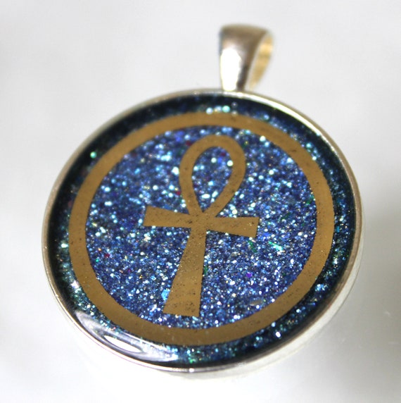Egyptian Anhk Symbol of Life 30mm Round Resin Foil Pendant - Sparkling Gold on Blue Smooth Inlay