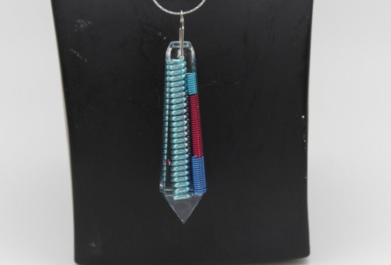 The Jett - Big Main Coil of Light Blue with Red and Blue Accessory Coils - Long Flat Top Crystal Gem on Simple Chain