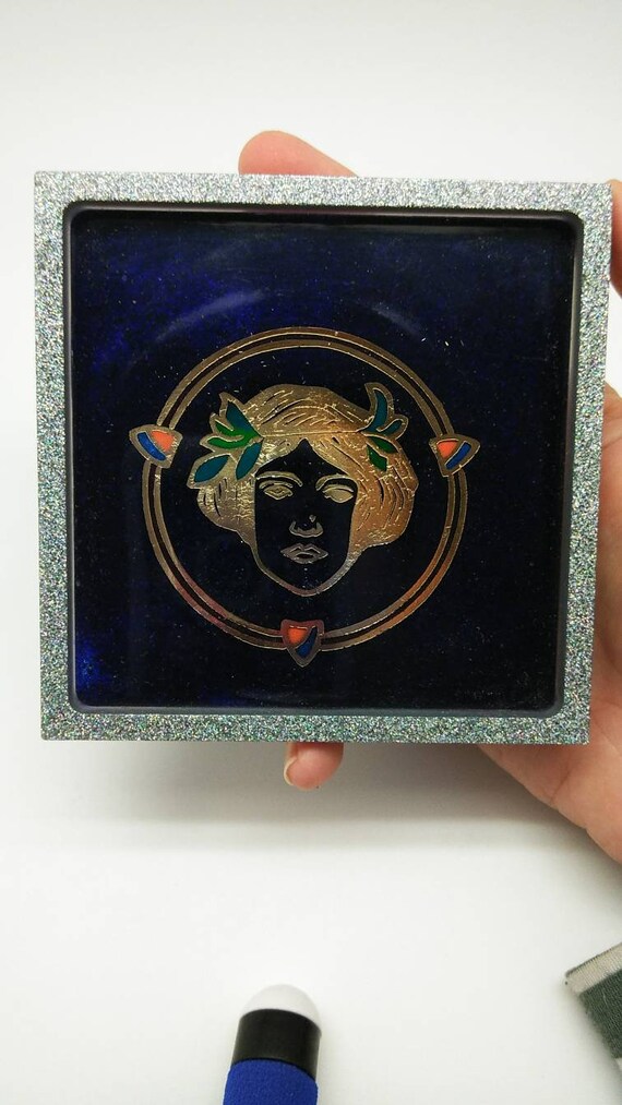 Nouveau Woman Hand Made Foil on Bed of Natural Azurite - Diamond Glitter Edge - Square Tray Perfect for Spoon Rest, Altar Use, Jewelry Tray