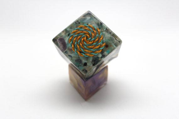 2 Inch Cube of Color - Bi-Colored Spiral with Kyanite, Aquamarine, Amethyst, Ocean Jasper, Amazonite - Great Blues w/ Included Display Stand