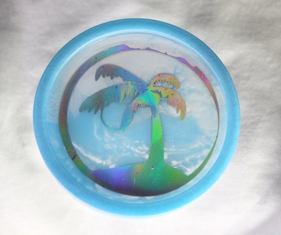 3 inch Coaster Altar Item Foil - Palm Tree Beach Scene Aqua Waves of Ocean Water Rainbow Foil