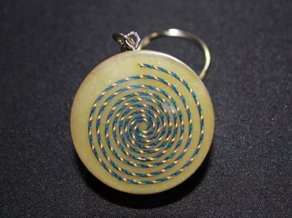 UV Glow in the Dark Spiral Orgone Keychain - Blue and Gold Vortex with Green UV, Chopped Copper and Tumbled Quartz 1.5 inch Handmade Charm