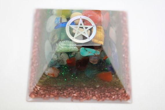 Pentagram Power Pyramid Orgone Copper Infused Hand Mined Epidote Tiger Eye Blue Opalite Apatite Fire Opal Amethyst and Quartz 2.6 Inch