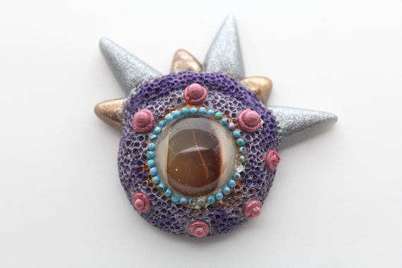 Monster Eye Refrigerator Magnet - Carnelian Eye! Colorful and Hand Painted Strong Magnet 2.5 x 2 inch Super Fun Conversation Piece Horns