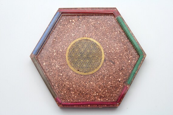 Flower of Life on solid Recycled Copper base with Colored Coil Rim 4 Inch Altar Dish Perfect for Ritual Use