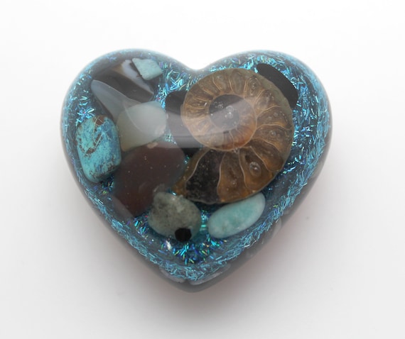 Heart with Ammonite and Minerals on Blue Hologlitter - Copper, Quartz, Amethyst, Garnet, Turquoise, Jasper Glossy all Natural 2.25 Inch
