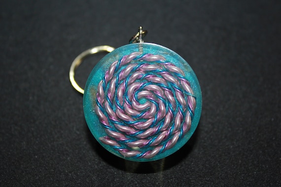Spectrum Harmonizing Keychain - Spiral of Blue and Pink with Blue Mica and Tumbled Quartz 1.5 inch Handmade Charm