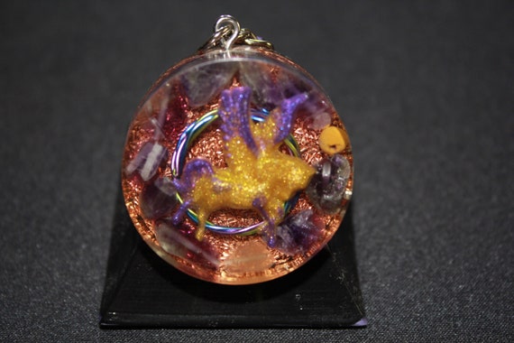 Orgone Keychain - Recycled Copper - Amethyst Quartz with Winged Pegasus Glitter and twisted wire SuperStar 1.5 inch Handmade Charm