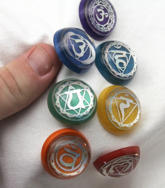 Chakra Set Round Pinbacks - Foil 7 Symbols on Colored Mica Ready to Wear or Use for Altar - Energy Charging Reiki Stones - 1 inch set of 7