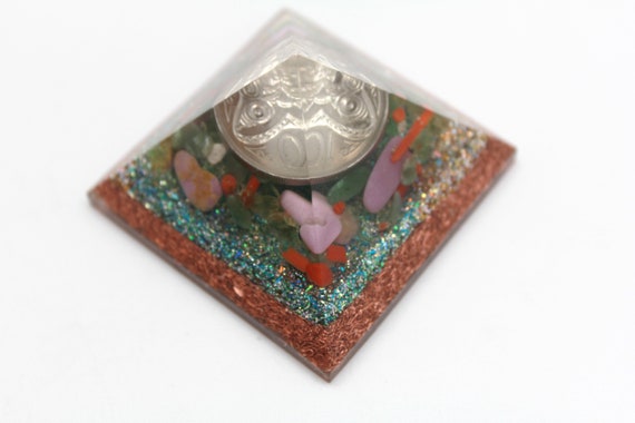 Green Money Pyramid - Copper Base with Green Glitter, Crushed Peridot, Red Coral, PhosphoSiderite and New Zealand Dime 2 inch