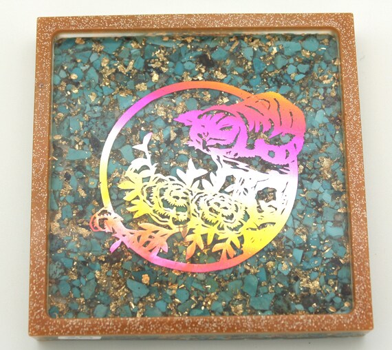 Japanese Cat Papercut Style Rainbow Flowers Foil on Thick Natural Turquoise and Gold - Square Tray Perfect for Jewelry Tray, Trinkets, Home