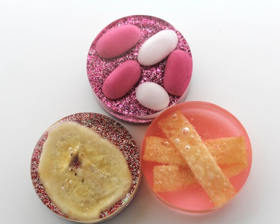 Trio of Food Magnets - Made from Real Food - Won Ton Noodle in Sauce, Good and Plenty Candy, Dried Banana Chip 1.5 inch rounds Fun with Food