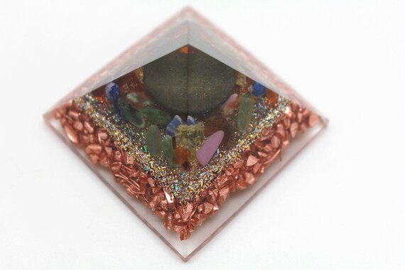 Ancient Roman Coin Orgone Energy Power Pyramid - Diamond Paste, Spessartine Garnets, Lapis, Quartz and Copper, 2 inches - Perfect Display