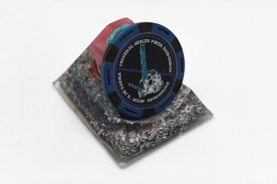 Spiritually Charging Pyramid Medallion Coin Poker Chip Display Stand - Includes Rare Aquamarine Poker Chip - Turquoise and Millifori Glass