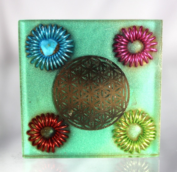 Flower of Life Four Colored Coil Square Orgone Energy Filter - Bring in the Good, Kick out the Jazz - Thick Copper, Minerals, Foil Sacred