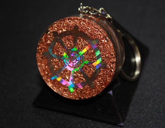 Orgone Keychain - Recycled Copper - Tumbled Jasper with Siderite and MIRRORS - For Reflection - Buddhist Wheel 1.5 inch Handmade Charm