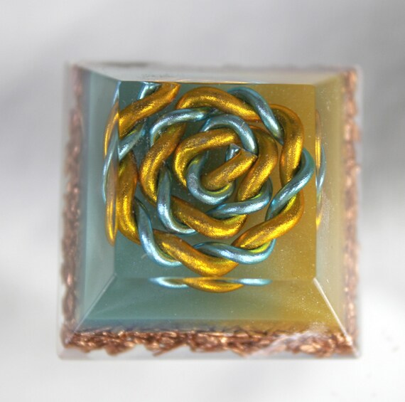 Mini Altar Orgone Energy Yellow and Blue Spiral on UV Glowing Background Copper - 1.25 inch